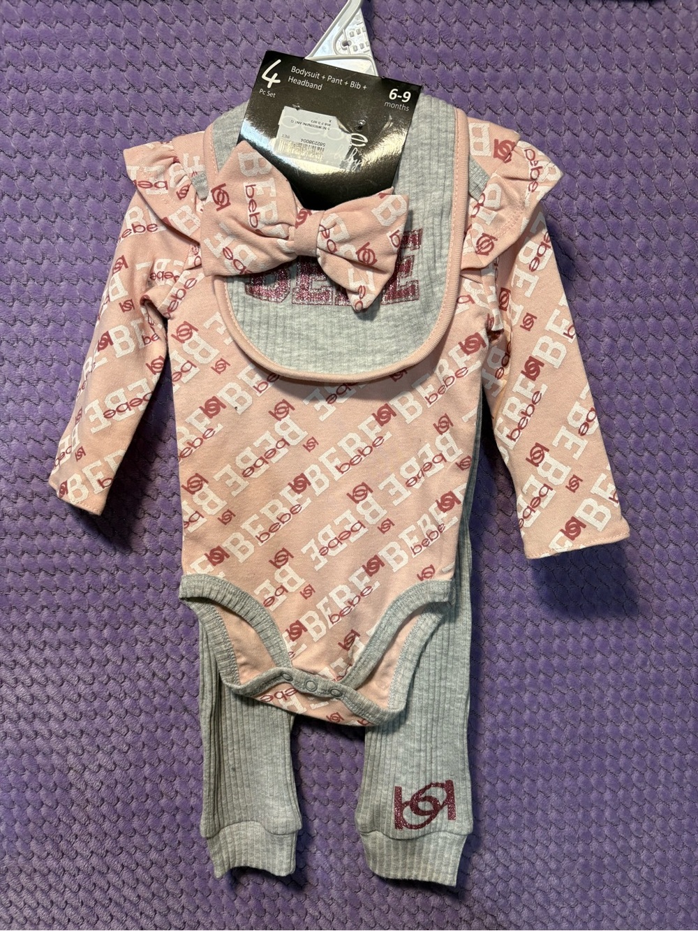 bebe Pink Logo Print Long-Sleeve 4-Piece with Gray Ribbed Pants, Bow, & grey bib
